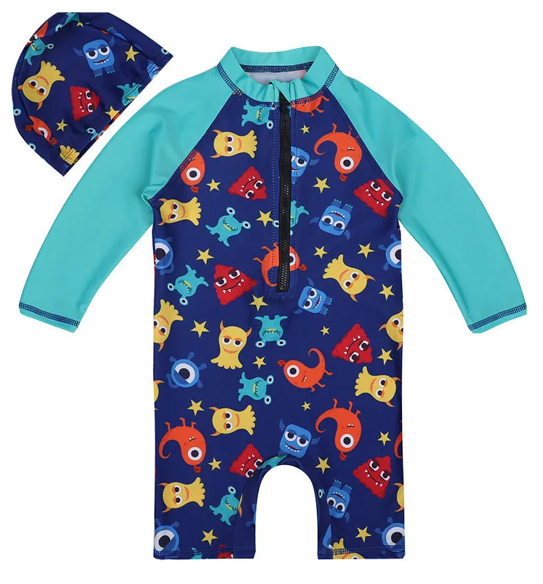 Children's one-piece swimsuit in striped shark pattern, available in sizes 2-10 yards, made from polyester-oxygen blend