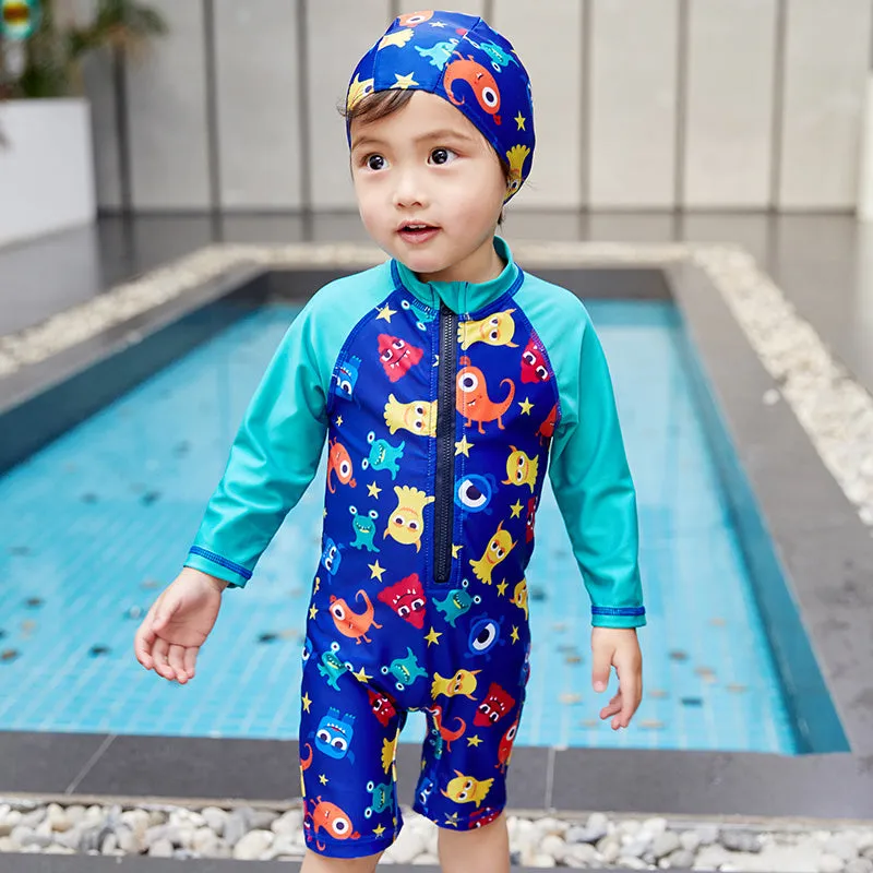 Children's one-piece swimsuit in striped shark pattern, available in sizes 2-10 yards, made from polyester-oxygen blend