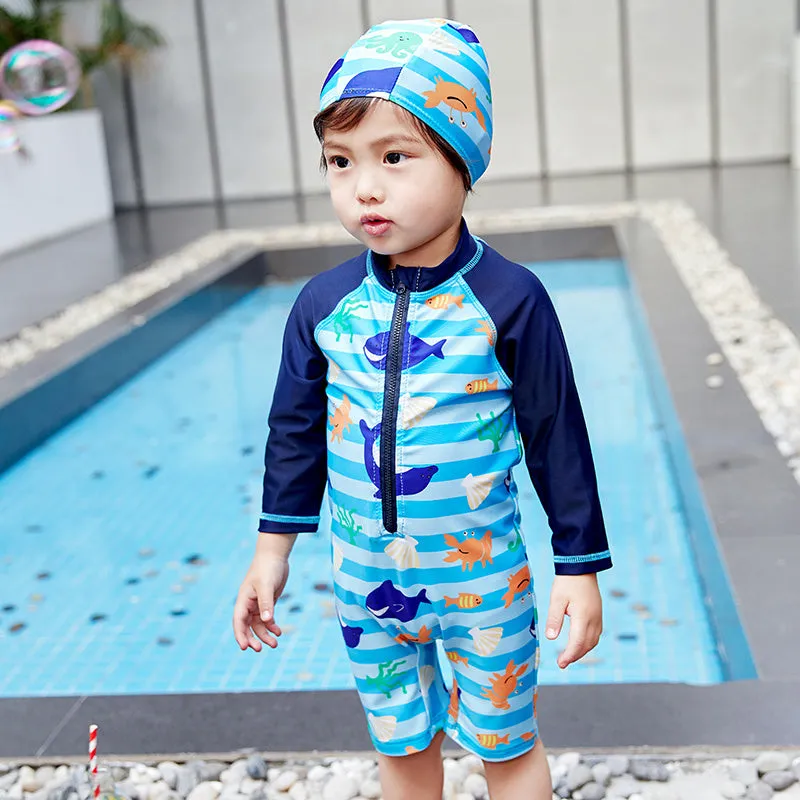 Children's one-piece swimsuit in striped shark pattern, available in sizes 2-10 yards, made from polyester-oxygen blend