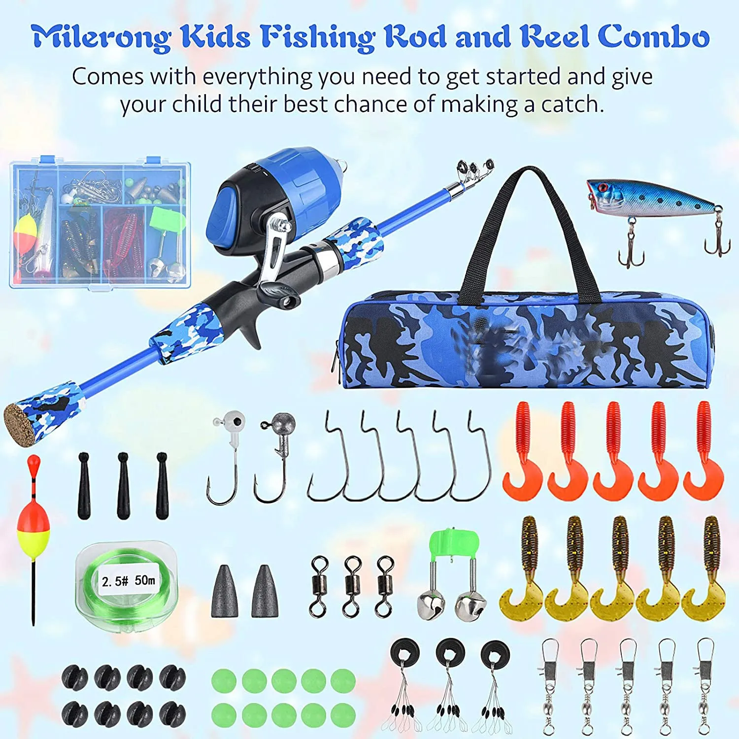 Blue children's telescopic carbon fishing rod with EVA grip and reel kit in carry bag