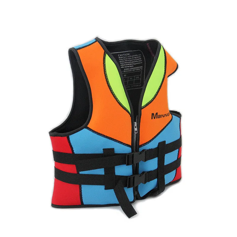 Children's life jacket in colour A with big buoyancy from diving fabric and pearl cotton fill, front view