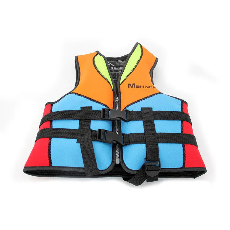 Children's life jacket in colour A with big buoyancy from diving fabric and pearl cotton fill, front view