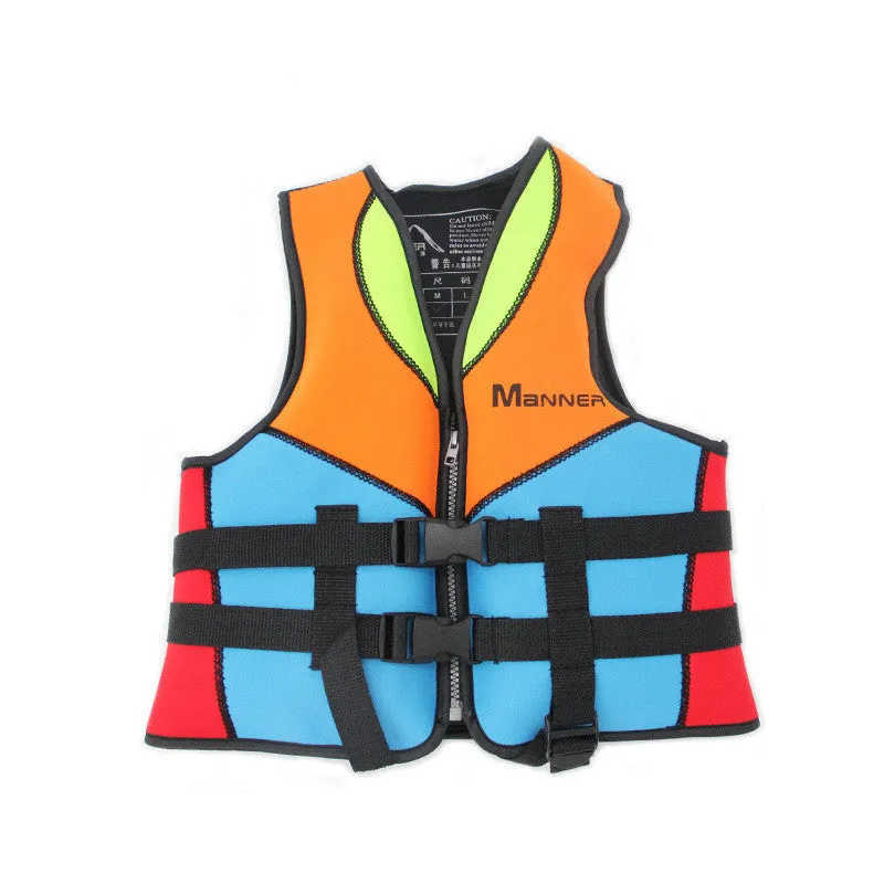 Children's life jacket in colour A with big buoyancy from diving fabric and pearl cotton fill, front view