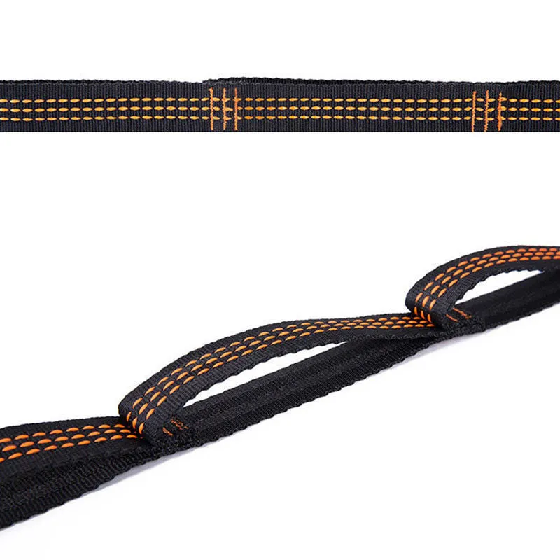 Two polyester hammock straps with six loops each, 1 m length, on a tree