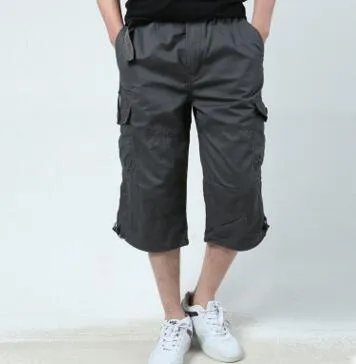 Men's summer leisure cropped cotton pants in four colours with elastic waistband and drawstring
