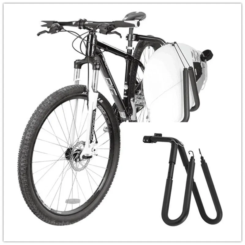 Black aluminium bicycle surfboard hanger bracket on a bike with surfboard attached