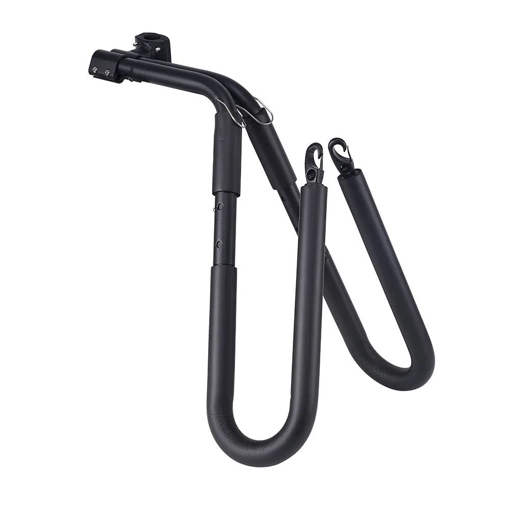 Black aluminium bicycle surfboard hanger bracket on a bike with surfboard attached