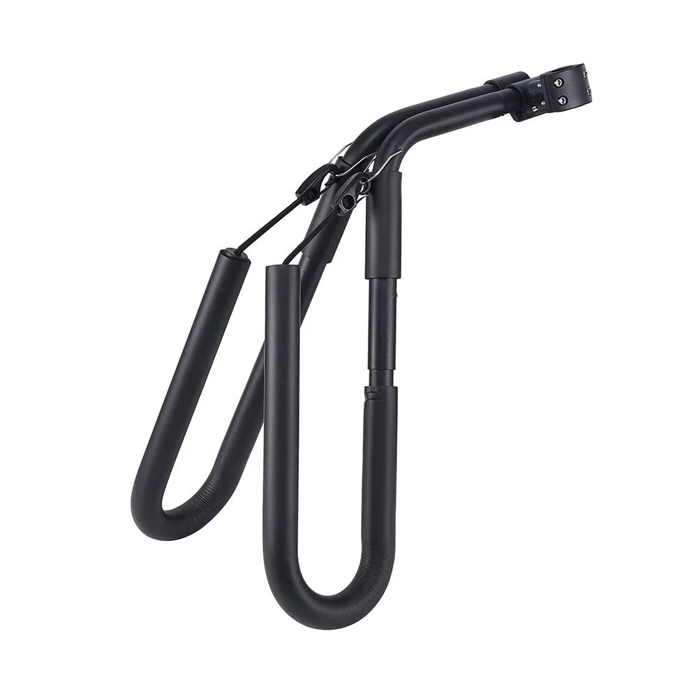Black aluminium bicycle surfboard hanger bracket on a bike with surfboard attached
