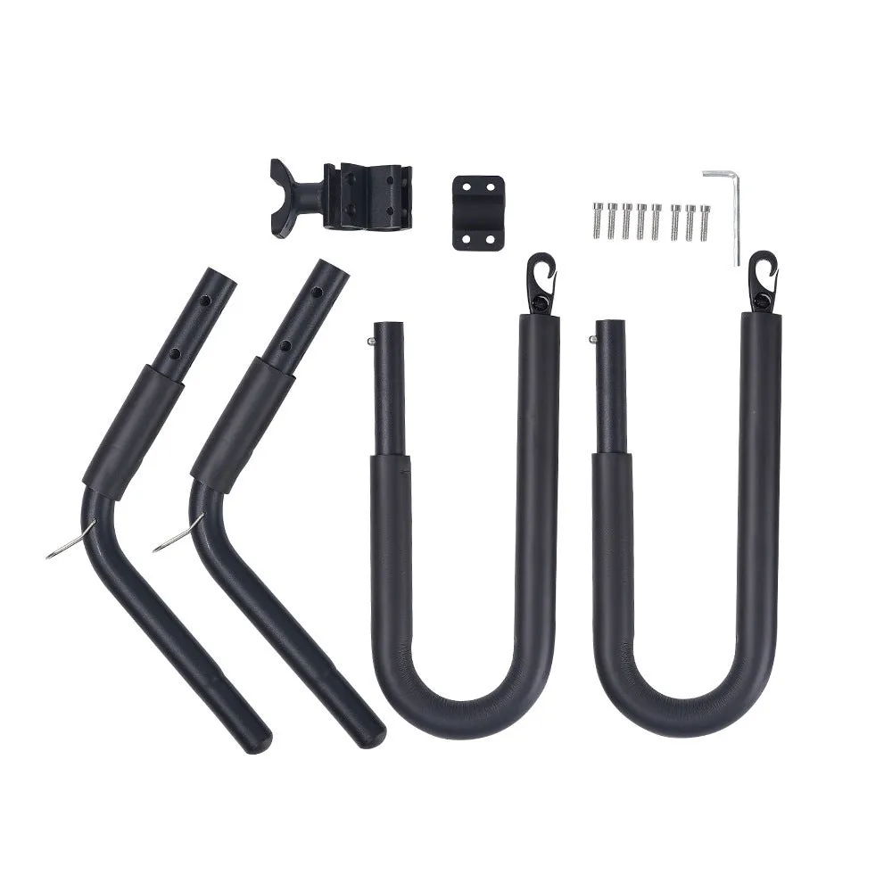 Black aluminium bicycle surfboard hanger bracket on a bike with surfboard attached