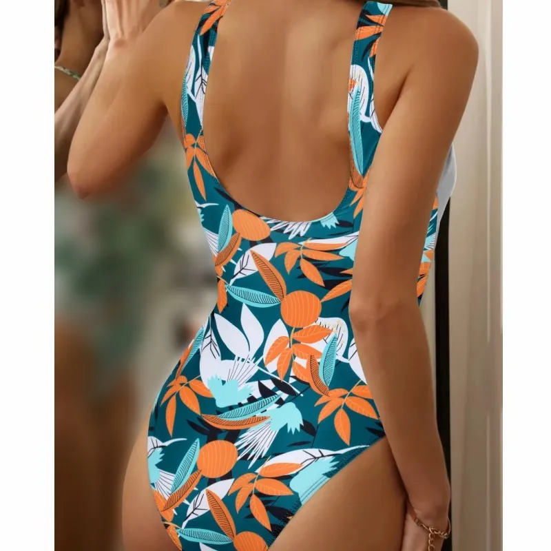 Women's high-waist one-piece swimsuit with printed pattern in quick-drying fabric