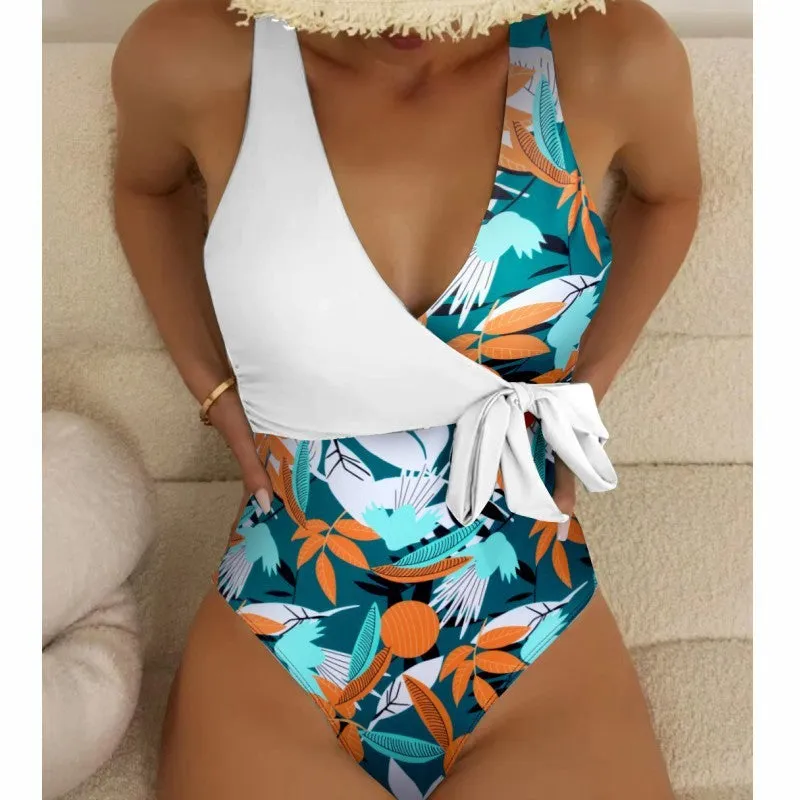 Women's high-waist one-piece swimsuit with printed pattern in quick-drying fabric