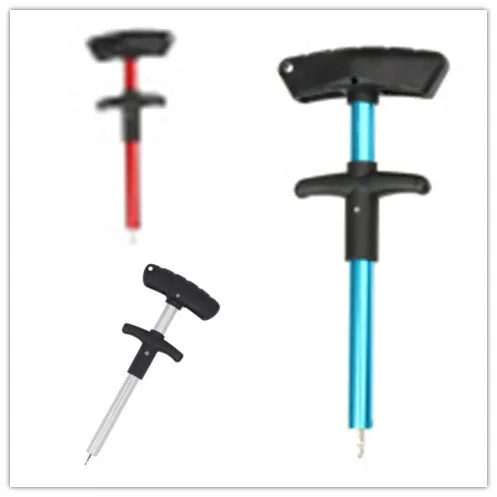 Portable T-shaped fishing hook extractor in black with anodized aluminium handle and stainless steel hook