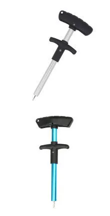 Portable T-shaped fishing hook extractor in black with anodized aluminium handle and stainless steel hook