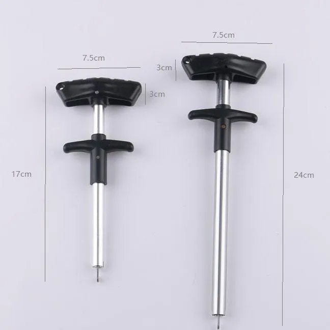 Portable T-shaped fishing hook extractor in black with anodized aluminium handle and stainless steel hook