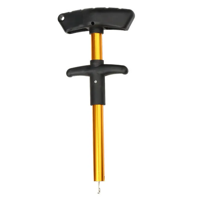 Portable T-shaped fishing hook extractor in black with anodized aluminium handle and stainless steel hook