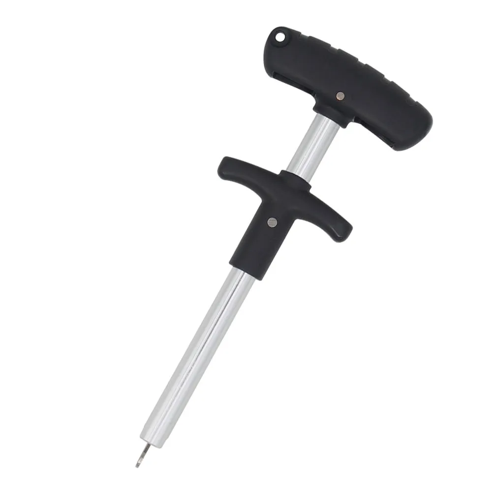 Portable T-shaped fishing hook extractor in black with anodized aluminium handle and stainless steel hook