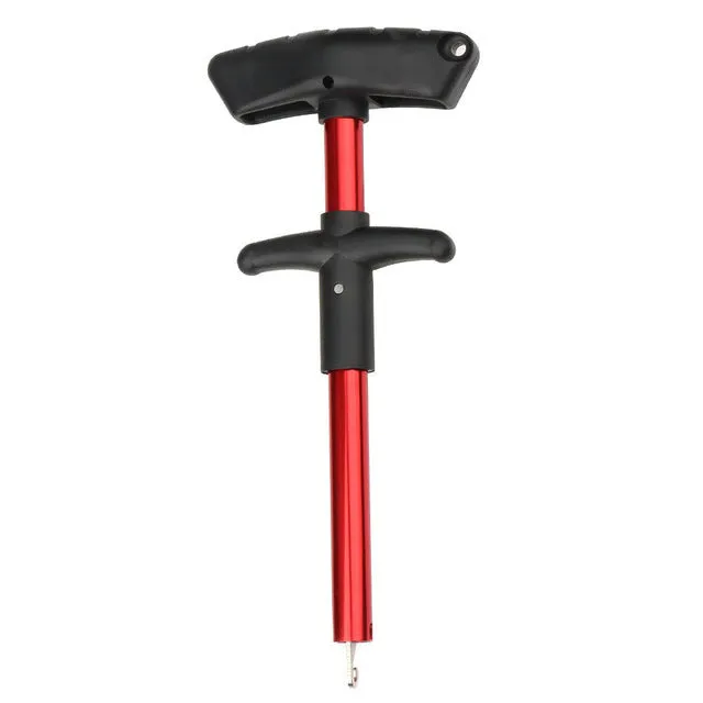 Portable T-shaped fishing hook extractor in black with anodized aluminium handle and stainless steel hook