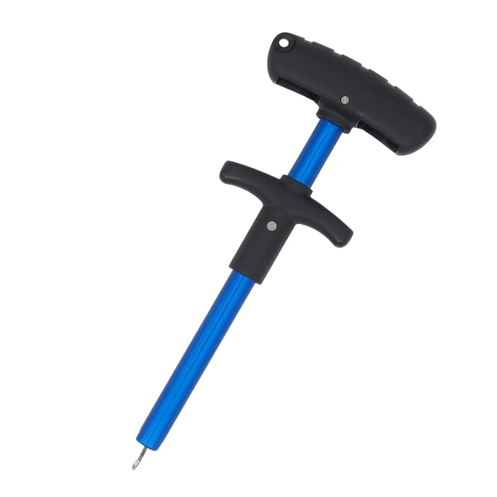 Portable T-shaped fishing hook extractor in black with anodized aluminium handle and stainless steel hook