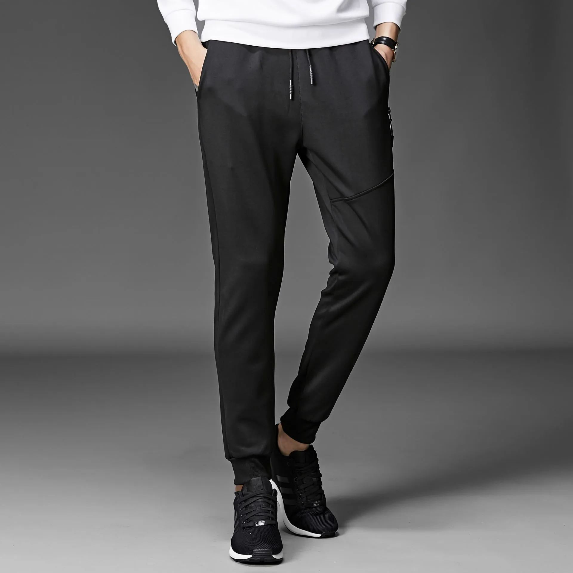 Men's casual fleece-lined cone trousers in black, South Korean silk fabric, winter wear with belt