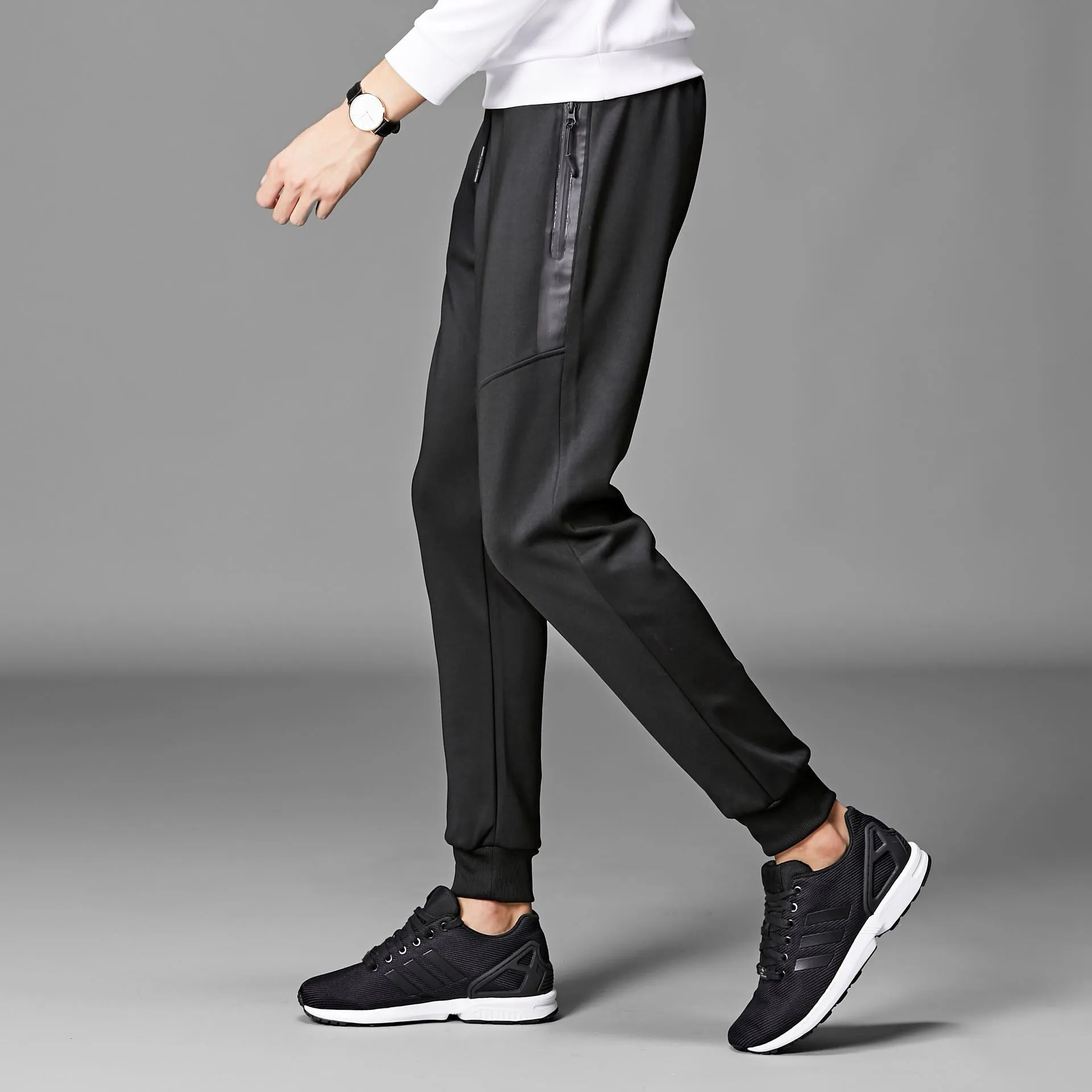 Men's casual fleece-lined cone trousers in black, South Korean silk fabric, winter wear with belt
