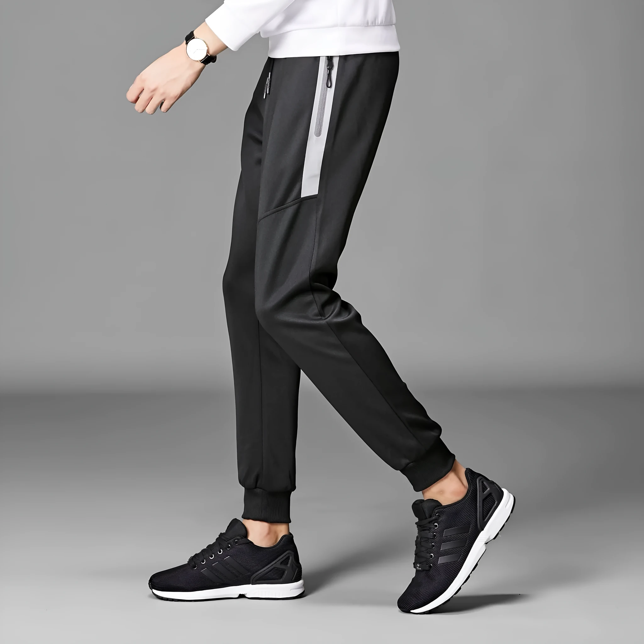 Men's casual fleece-lined cone trousers in black, South Korean silk fabric, winter wear with belt