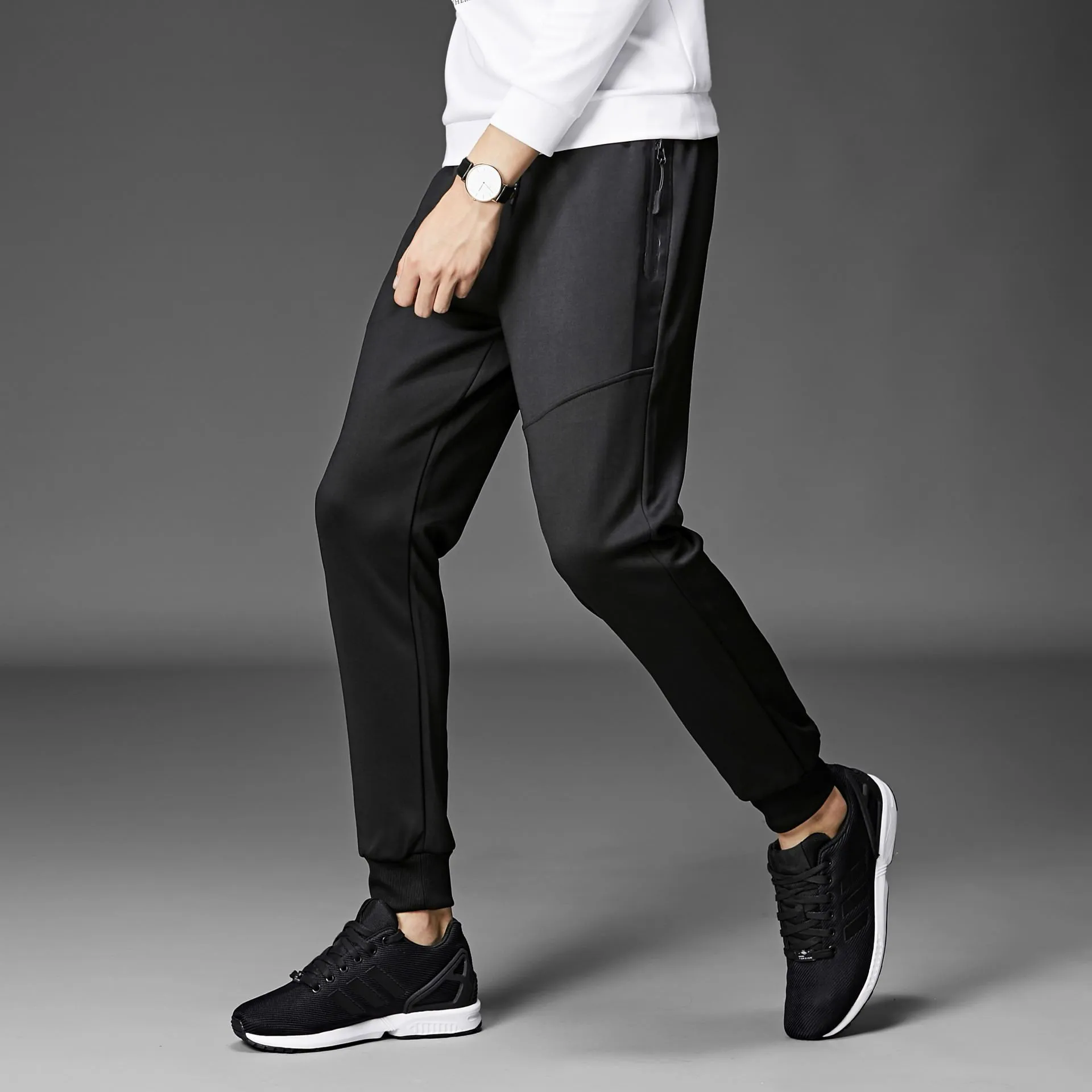 Men's casual fleece-lined cone trousers in black, South Korean silk fabric, winter wear with belt