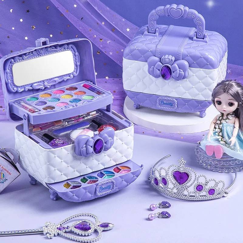Children's pretend play makeup kit in pink suitcase with water-soluble cosmetics for ages 4-6