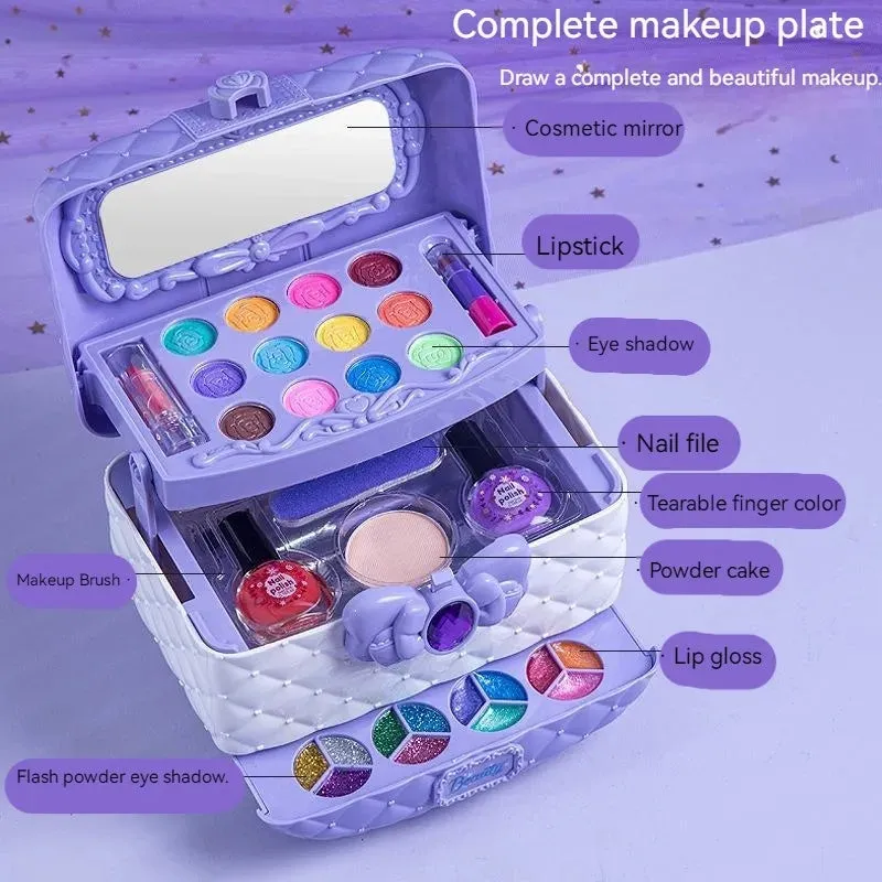 Children's pretend play makeup kit in pink suitcase with water-soluble cosmetics for ages 4-6