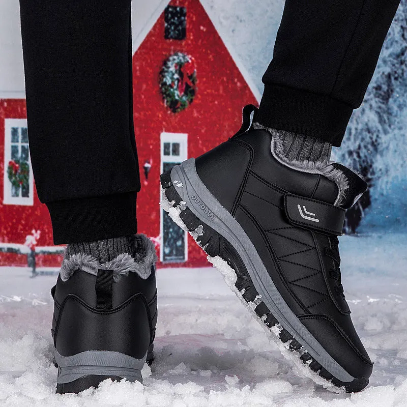 Men's high-top fleece-lined hiking shoes in black, waterproof with non-slip rubber sole