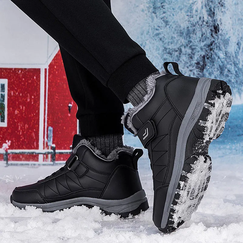 Men's high-top fleece-lined hiking shoes in black, waterproof with non-slip rubber sole