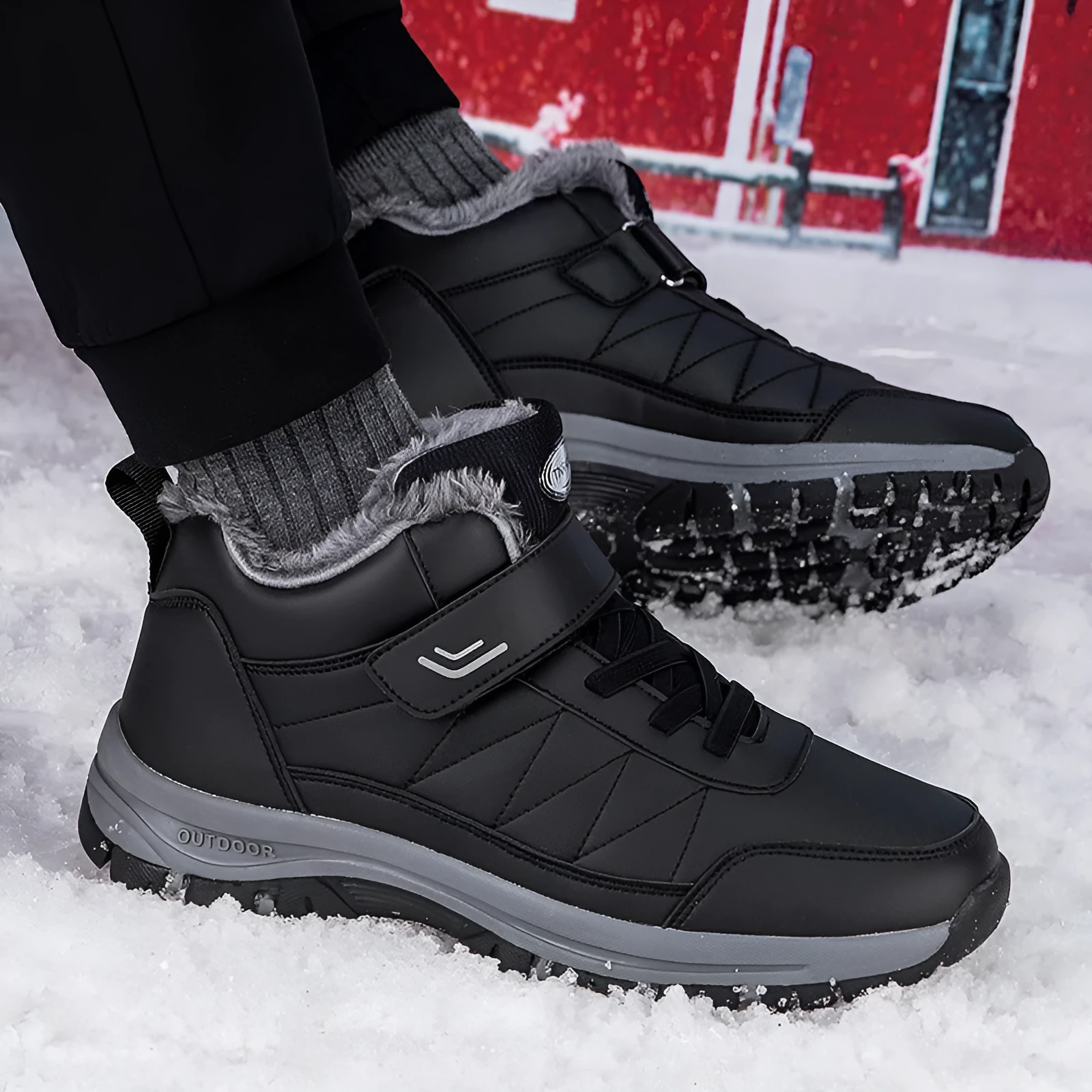 Men's high-top fleece-lined hiking shoes in black, waterproof with non-slip rubber sole