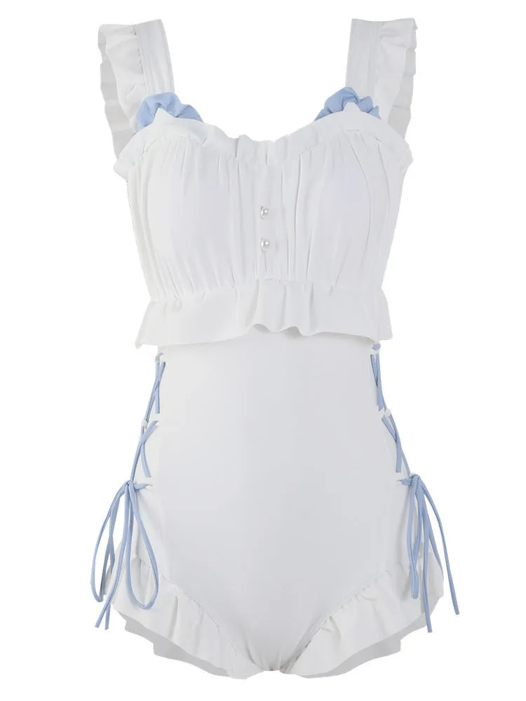 Women's Milky White backless one-piece nylon swimsuit on a hanger