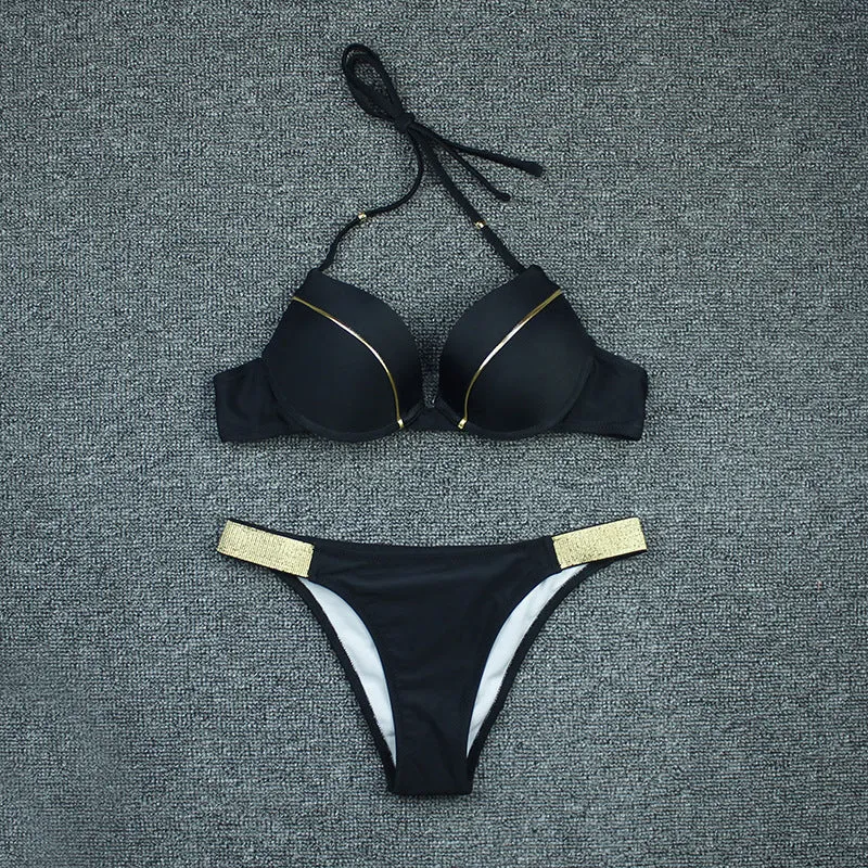 Bronzing fabric nylon split bikini swimsuit for women in solid colour with open back and high elasticity