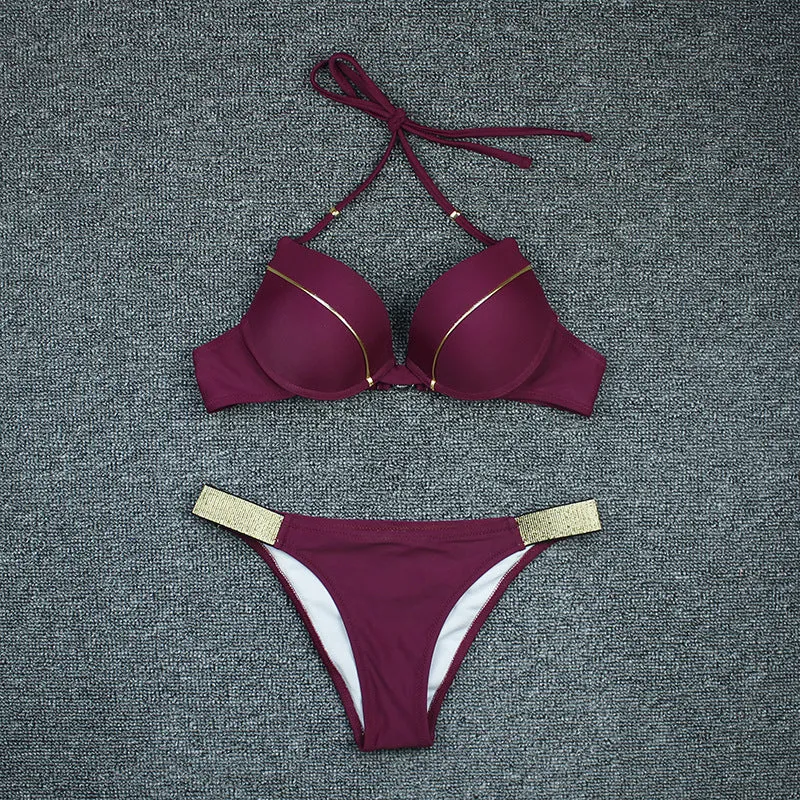 Bronzing fabric nylon split bikini swimsuit for women in solid colour with open back and high elasticity