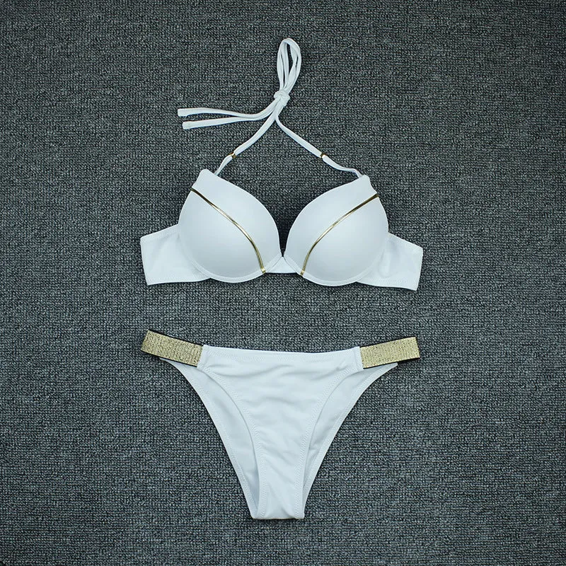 Bronzing fabric nylon split bikini swimsuit for women in solid colour with open back and high elasticity