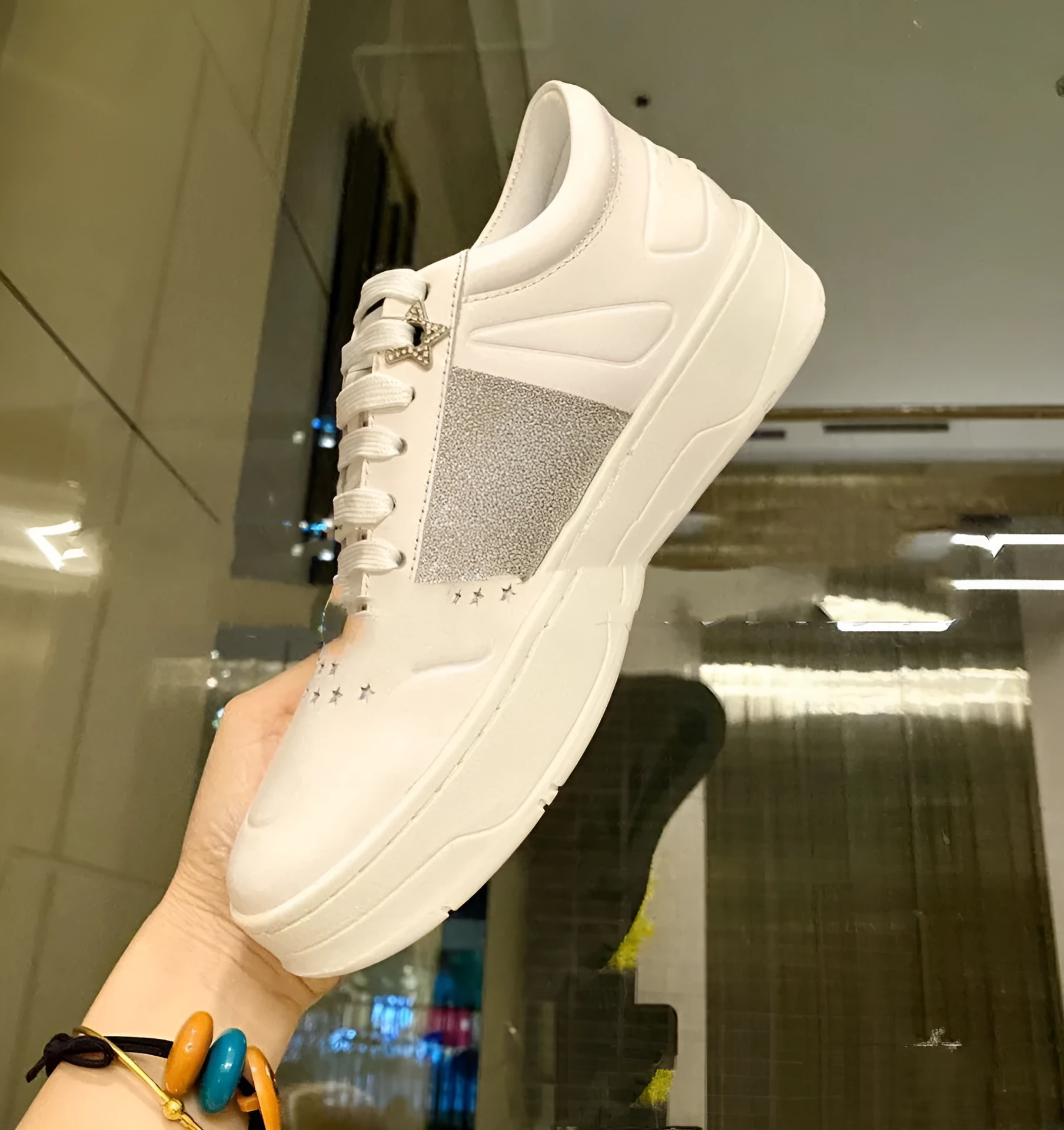Pearl sequin lace-up platform casual shoes for women in white cowhide with frosted leather and decorative sequins