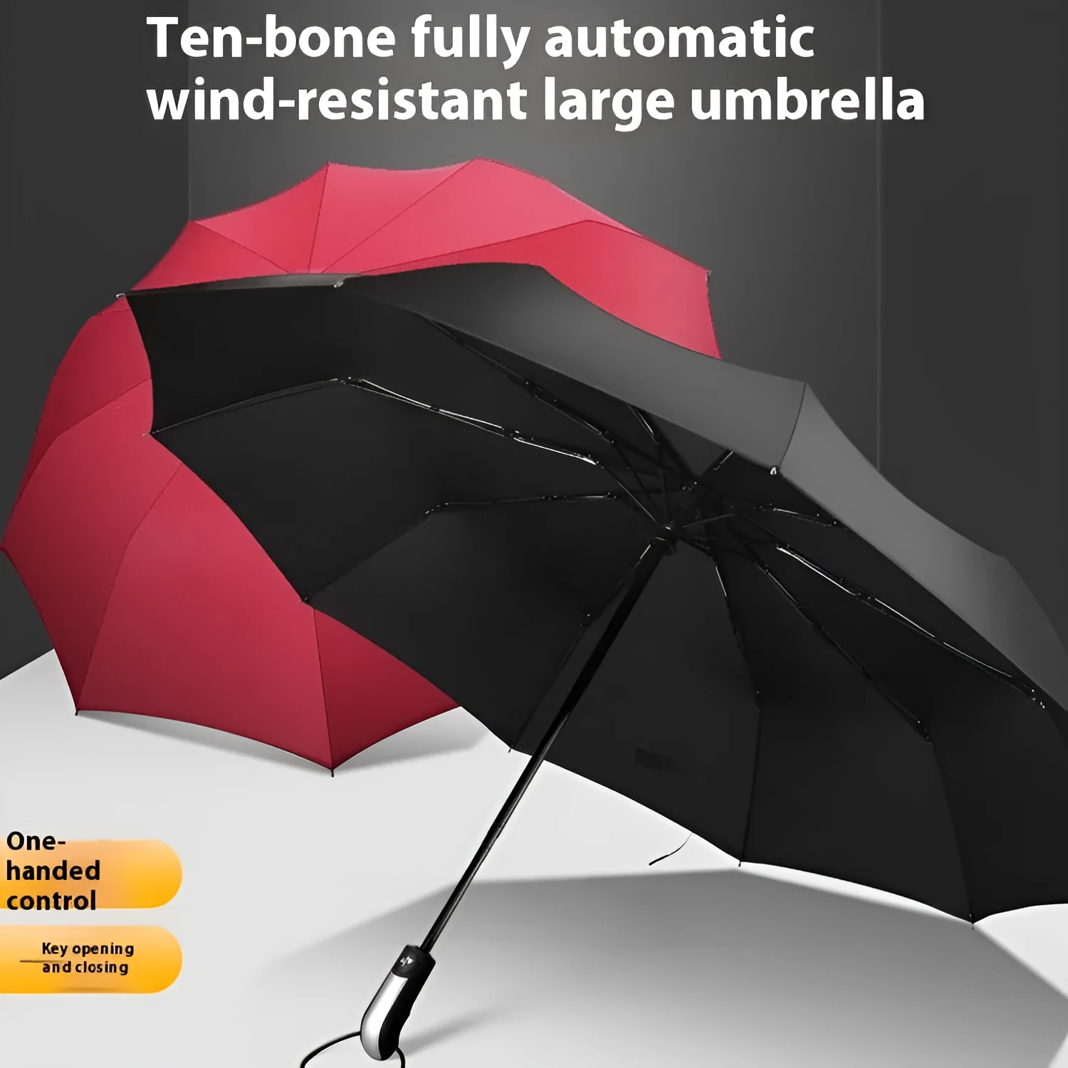 Large black automatic triple-fold umbrella with palace style canopy and rubber handle.