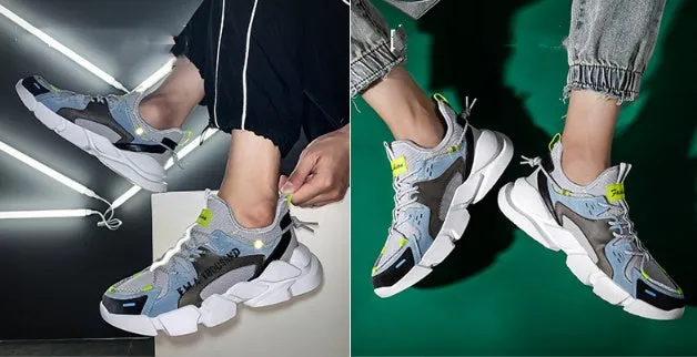 Men's grey moon breathable mesh lace-up casual shoes with reflective accents and low heel
