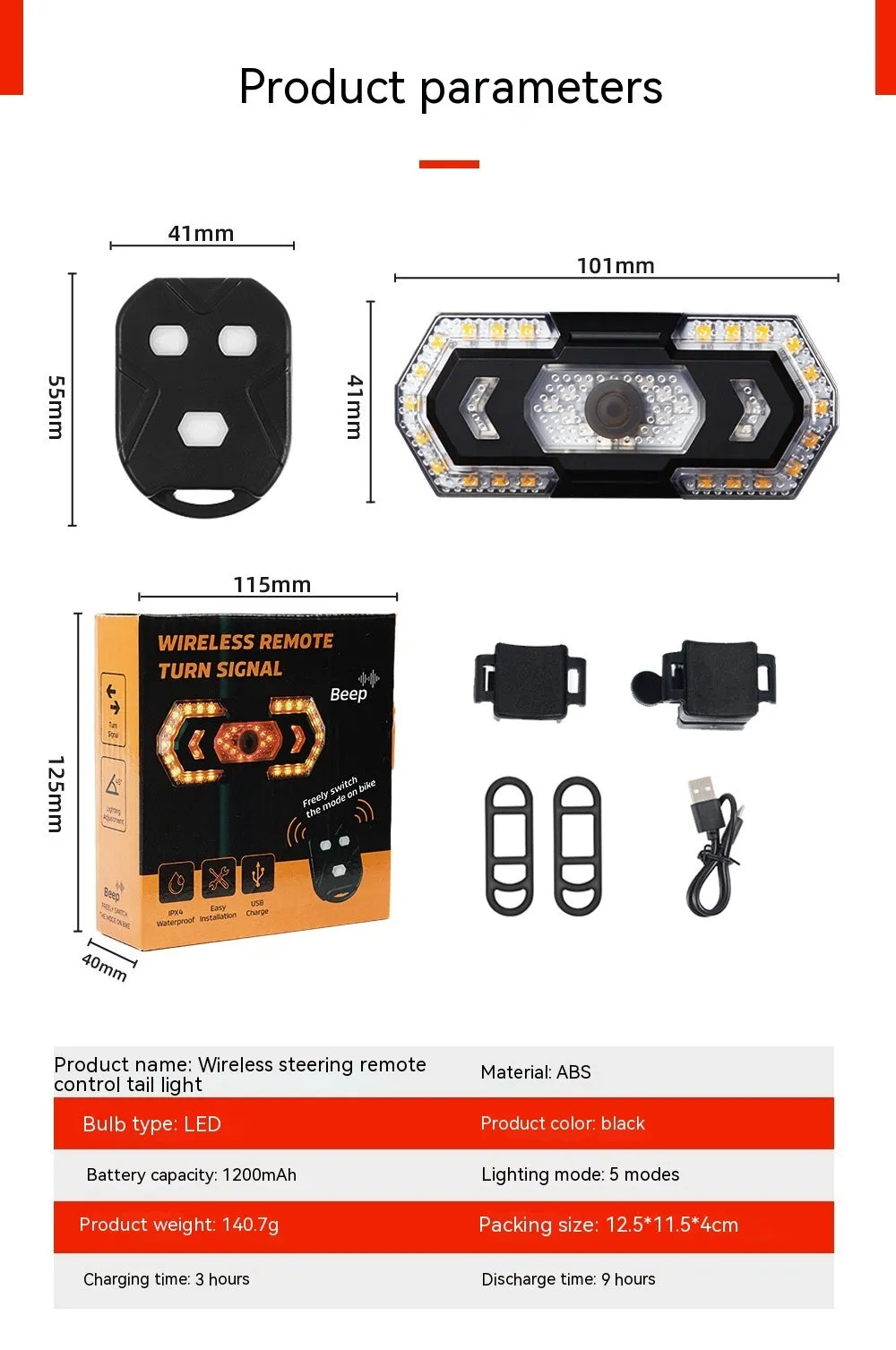 Black wireless remote control LED bicycle taillight with USB charging port