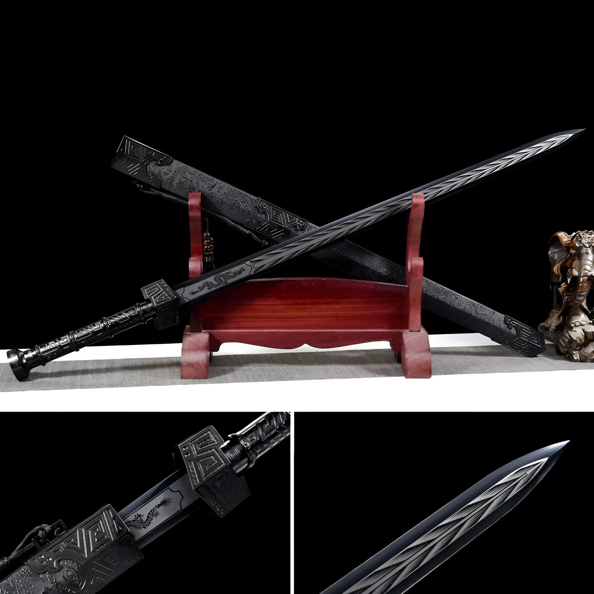 King Of Qin Sword with high manganese steel blade, 102cm overall, unsharpened, in leather-covered scabbard
