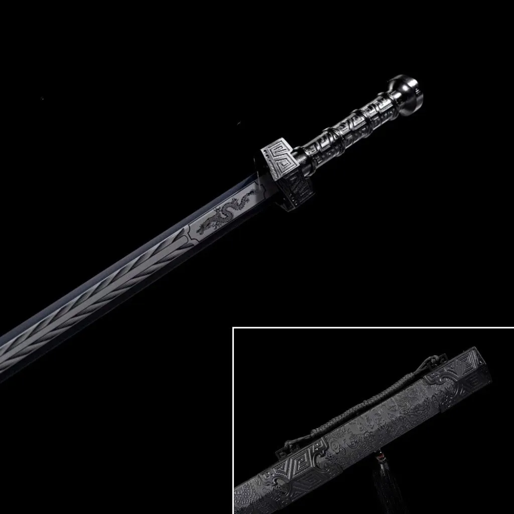 King Of Qin Sword with high manganese steel blade, 102cm overall, unsharpened, in leather-covered scabbard