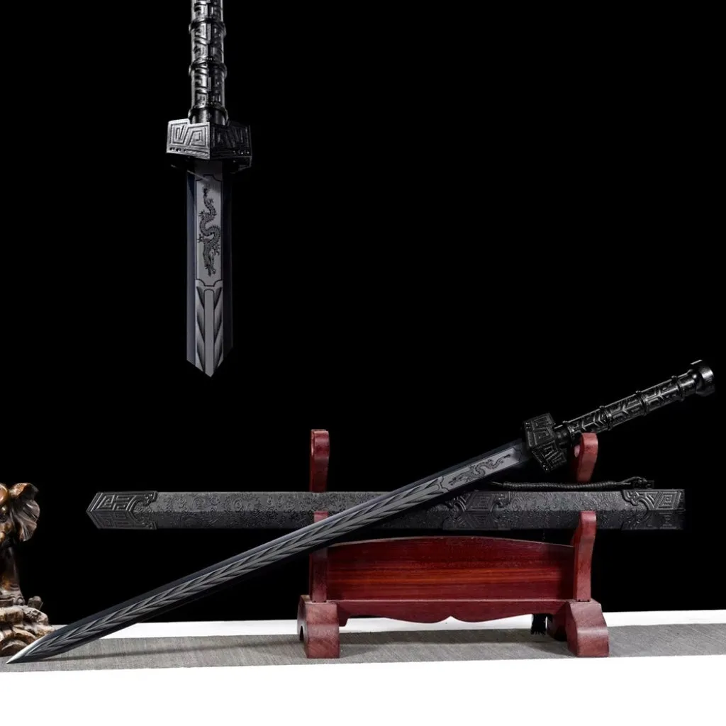 King Of Qin Sword with high manganese steel blade, 102cm overall, unsharpened, in leather-covered scabbard