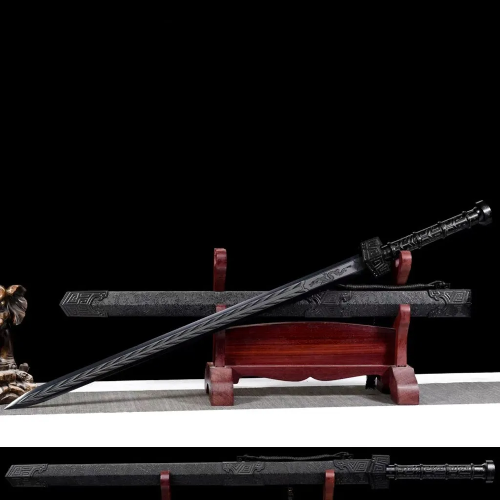 King Of Qin Sword with high manganese steel blade, 102cm overall, unsharpened, in leather-covered scabbard