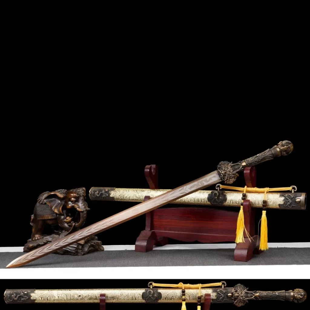 Long style unsharpened high manganese steel Chinese sword 102cm overall with wood and leather scabbard