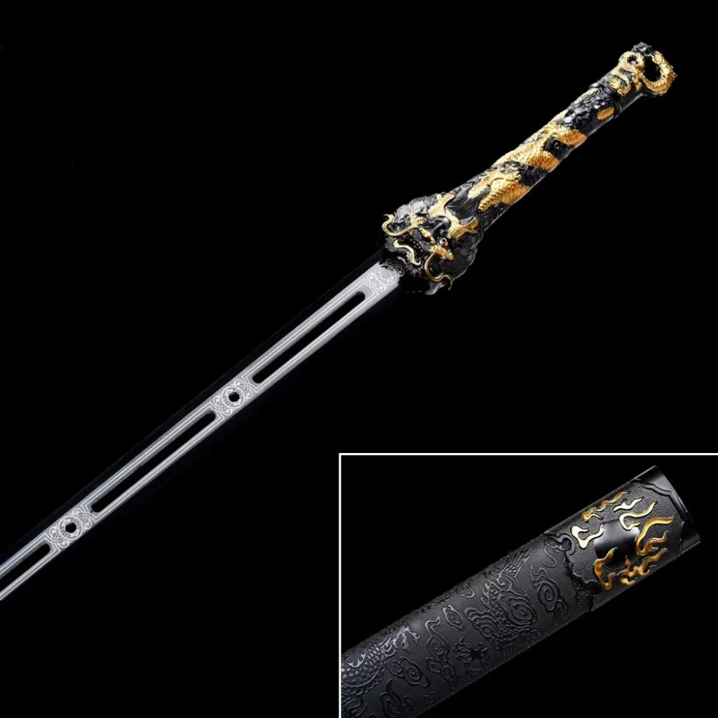 Handmade high manganese steel unsharpened Tang Heng Dao sword with satin-covered scabbard, 104cm