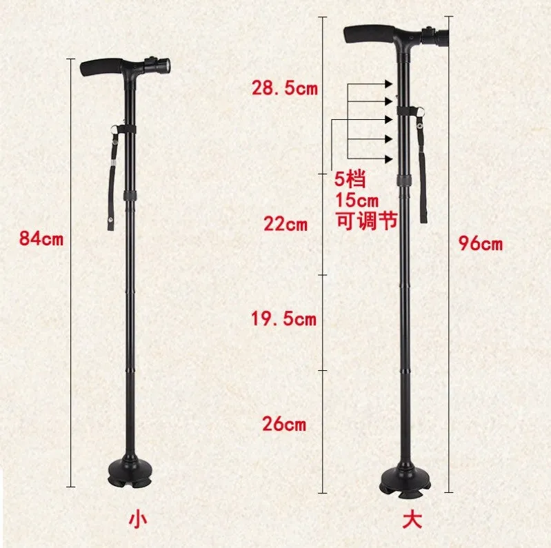 Black LED folding cane for elderly with aluminium tube construction and 6 LED flashlight