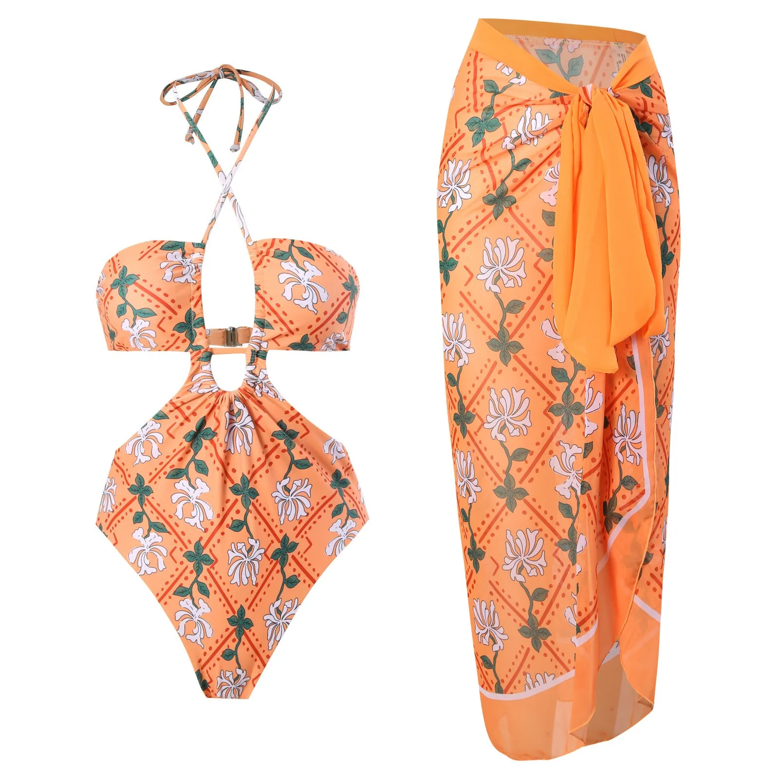 Women's double-sided one-piece swimsuit set with skirt in orange, front view on white background