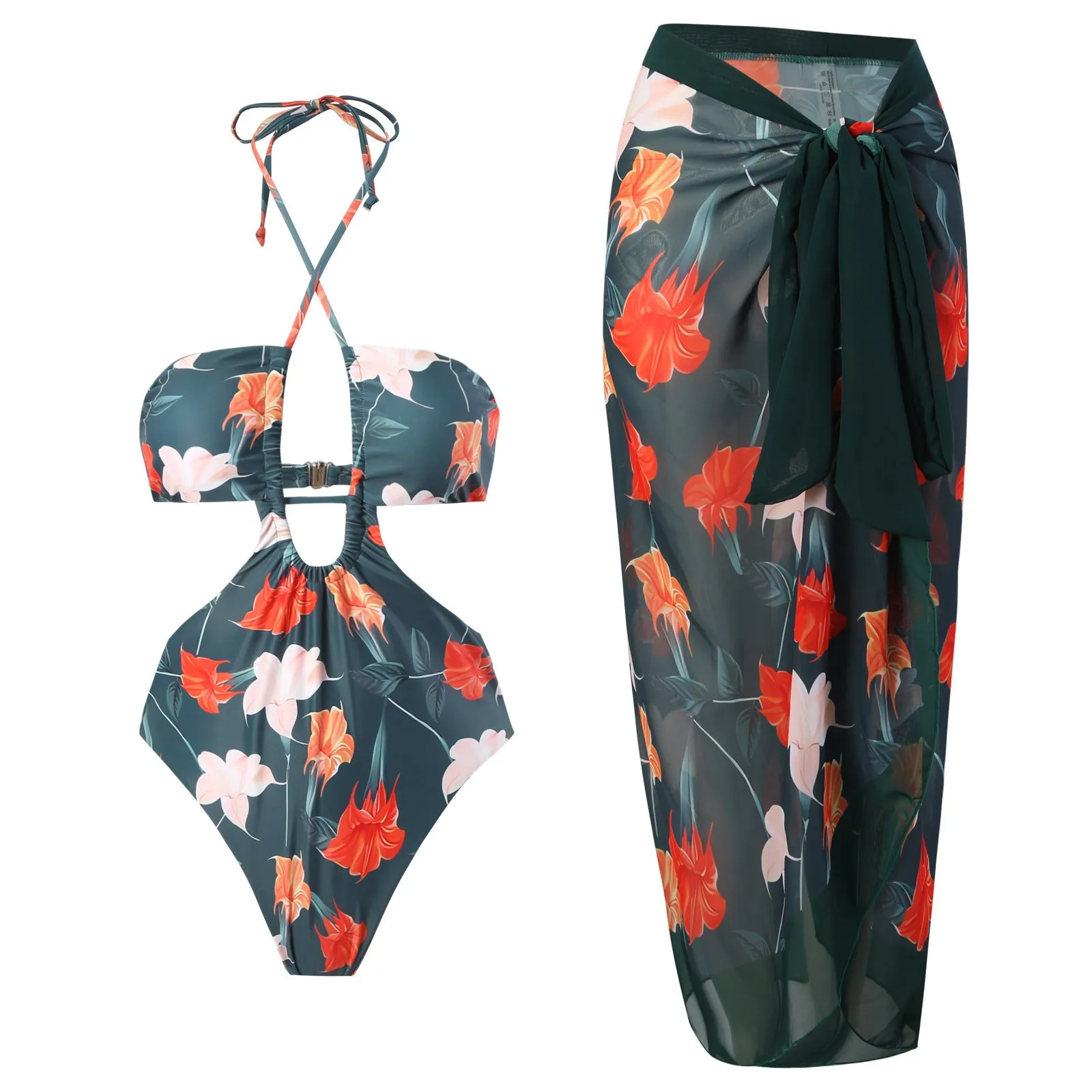 Women's double-sided one-piece swimsuit set with skirt in orange, front view on white background
