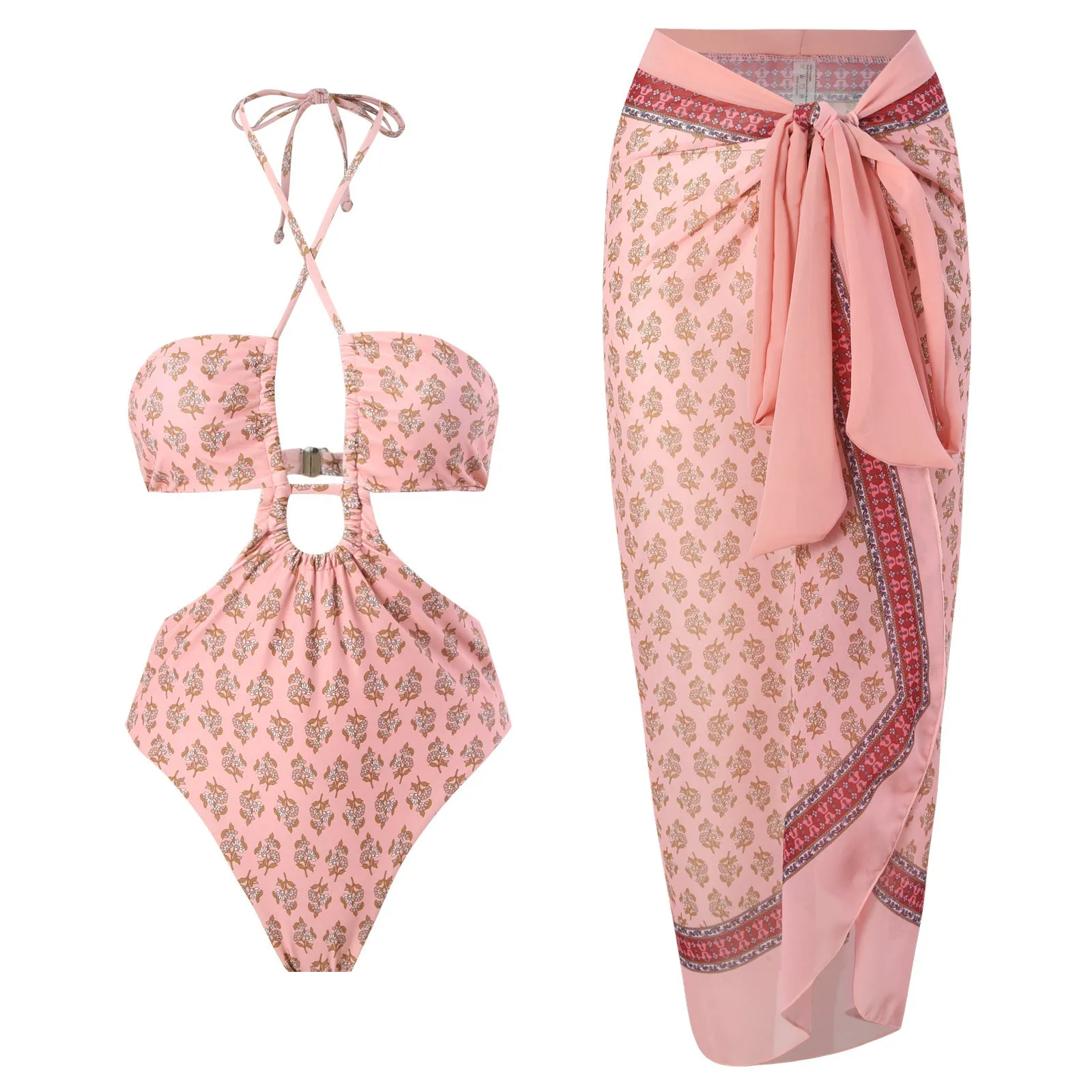 Women's double-sided one-piece swimsuit set with skirt in orange, front view on white background
