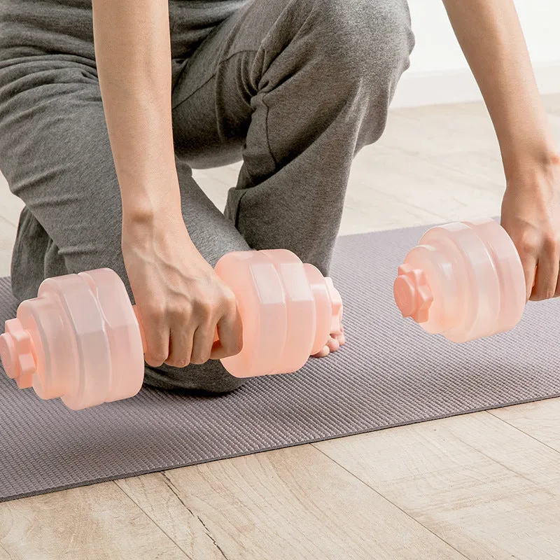 Mini portable plastic water dumbbell in transparent pink with water fill, PE construction, 262x97x94cm size for home strength training.